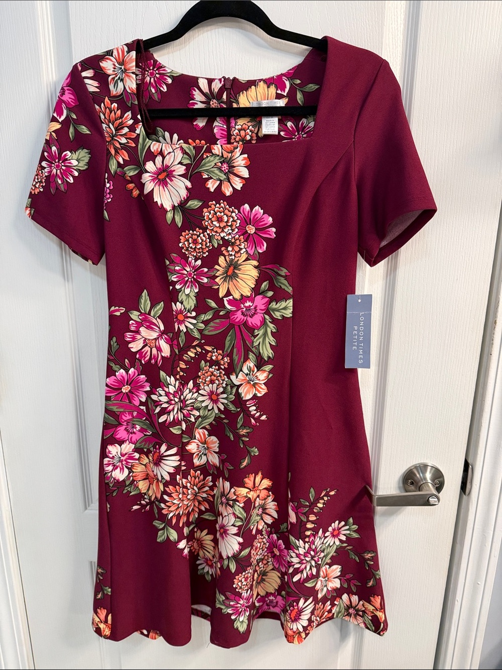 London Times Burgundy Floral Square Neck Mini Dress